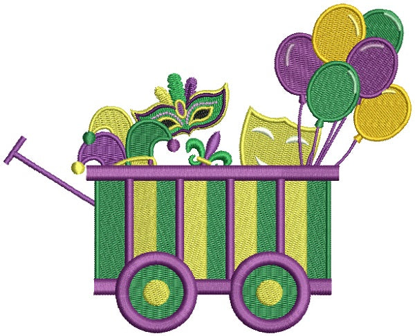 Mardi Grass Wagon With Masks and Balloons Filled Machine Embroidery Design Digitized Pattern