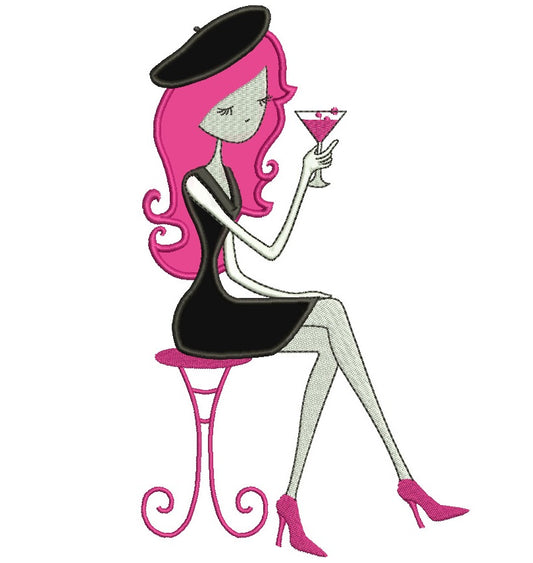 Martini Drinking Happy Hour Girl Applique Machine Embroidery Digitized Design Pattern