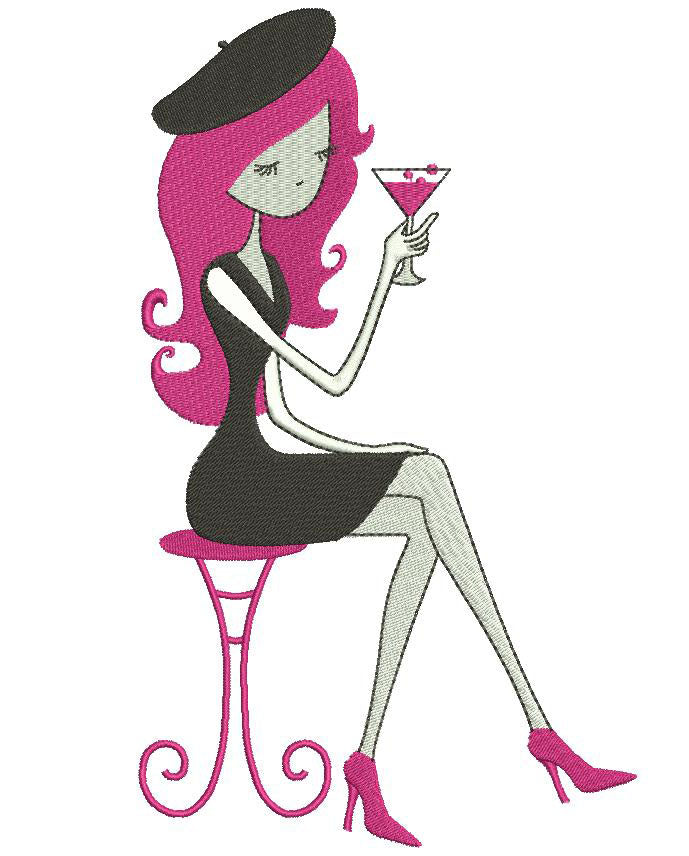 Martini Drinking Happy Hour Girl Filled Machine Embroidery Digitized Design Pattern
