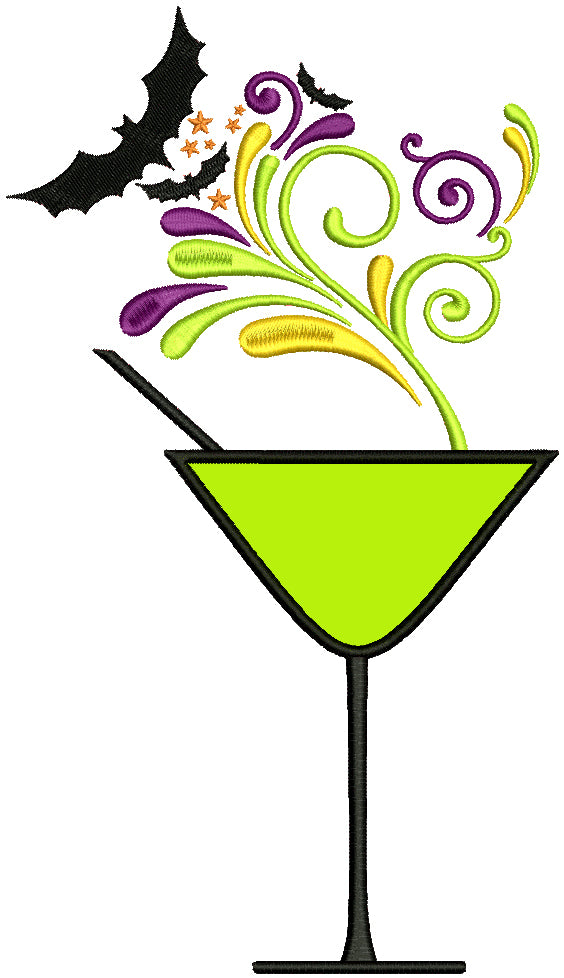 Martini Glass With a Bat Halloween Applique Machine Embroidery Design Digitized Pattern