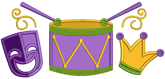 Mask Drums and Jester Hat Mardi Gras Applique Machine Embroidery Design Digitized Pattern