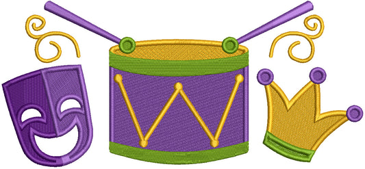 Mask Drums and Jester Hat Mardi Gras Filled Machine Embroidery Design Digitized Pattern
