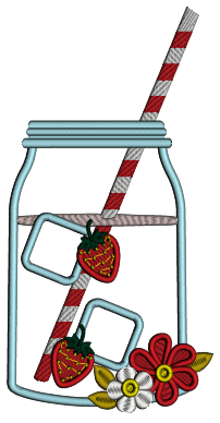 Mason Jar Drink With Ice Cubes And Strawberries Applique Machine Embroidery Design Digitized Pattern