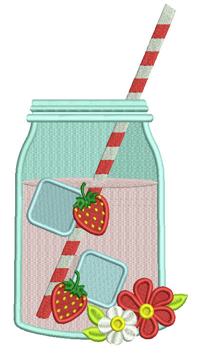Mason Jar Drink With Ice Cubes And Strawberries Filled Machine Embroidery Design Digitized Pattern