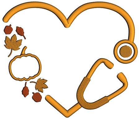 Medical Stethoscope WIth Fall Leaves And Pumpkin Applique Machine Embroidery Design Digitized Pattern