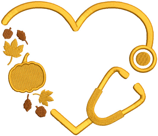 Medical Stethoscope WIth Fall Leaves And Pumpkin Filled Machine Embroidery Design Digitized Pattern
