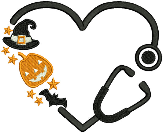 Medical Stethoscope WIth Witch's Hat And Pumpkin Filled Machine Embroidery Design Digitized Pattern
