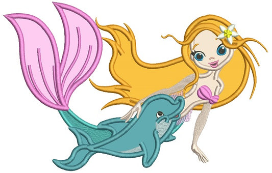 Mermaid And a Dolphin Applique Machine Embroidery Design Digitized Pattern