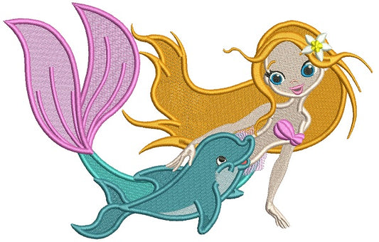 Mermaid And a Dolphin Filled Machine Embroidery Design Digitized Pattern