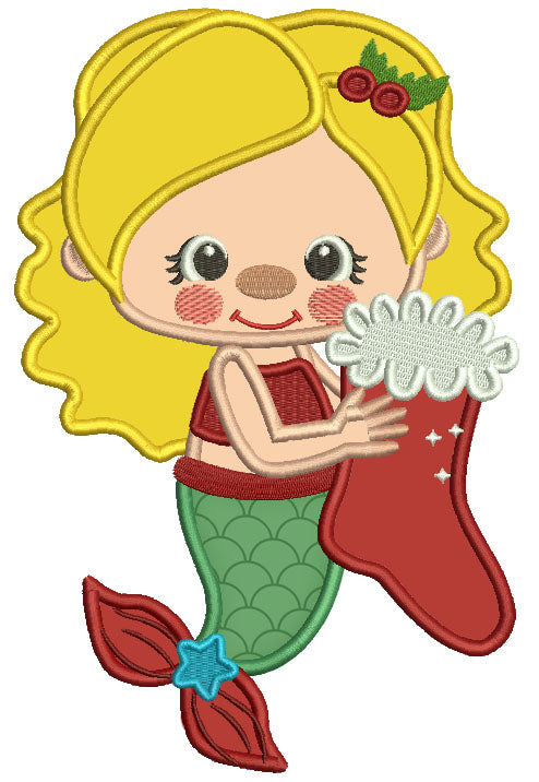 Mermaid Holding Christmas Stocking Applique Machine Embroidery Design Digitized Pattern