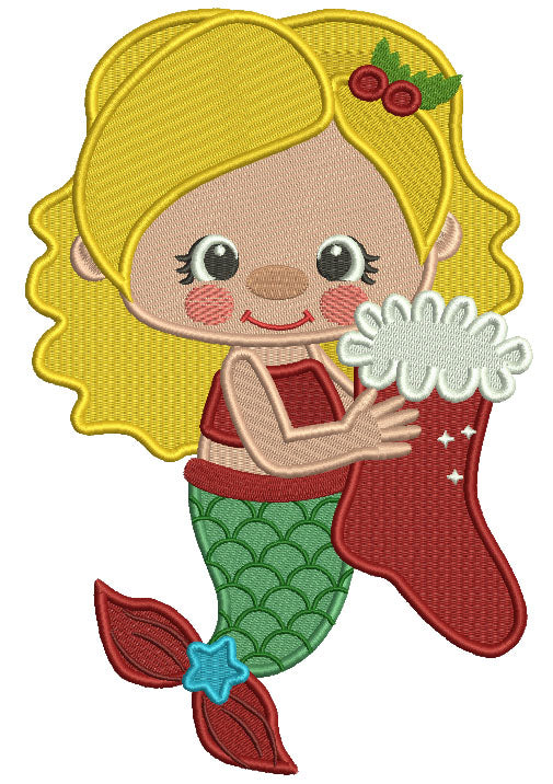 Mermaid Holding Christmas Stocking Filled Machine Embroidery Design Digitized Pattern