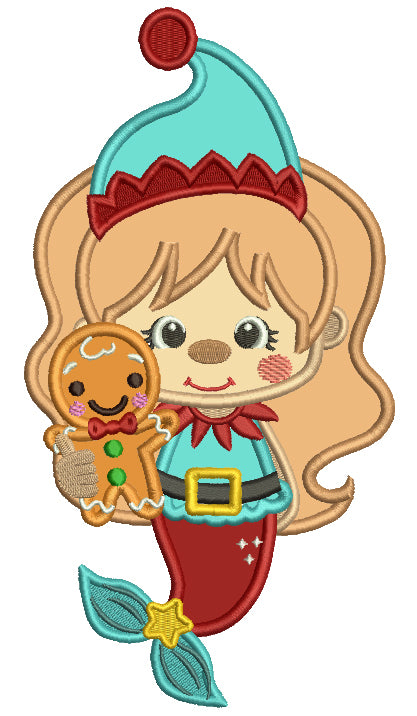 Mermaid Holdinng Gingerbread Man Applique Christmas Machine Embroidery Design Digitized Pattern