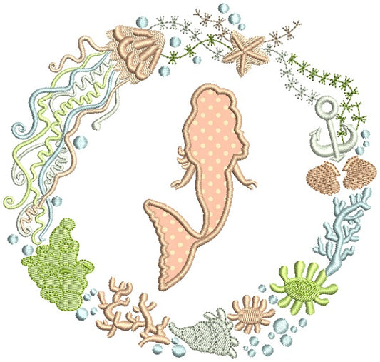 Mermaid Inside Ornamental Sea Themed Frame Applique Machine Embroidery Design Digitized Pattern
