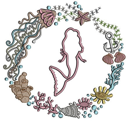 Mermaid Inside Ornamental Sea Themed Frame Applique Machine Embroidery Design Digitized Pattern