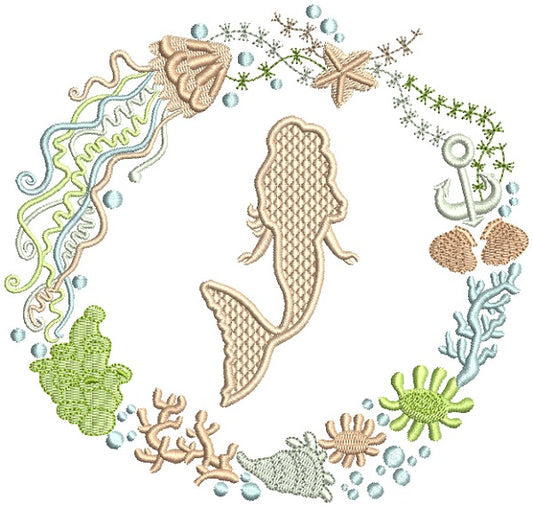 Mermaid Inside Ornamental Sea Themed Frame Filled Machine Embroidery Design Digitized Pattern