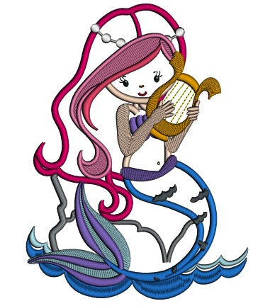Mermaid Playing a Harp Applique Machine Embroidery Design Digitized Pattern
