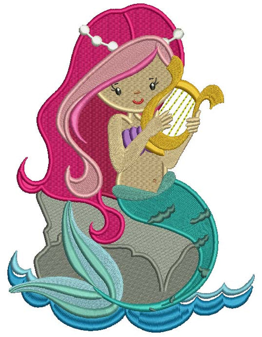 Mermaid Playing a Harp Filled Machine Embroidery Design Digitized Pattern