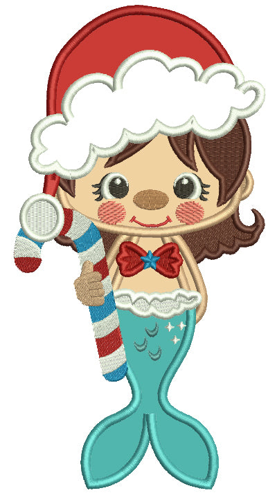 Mermaid Wearing Santa Hat Holding Candy Cane Applique Christmas Machine Embroidery Design Digitized Pattern