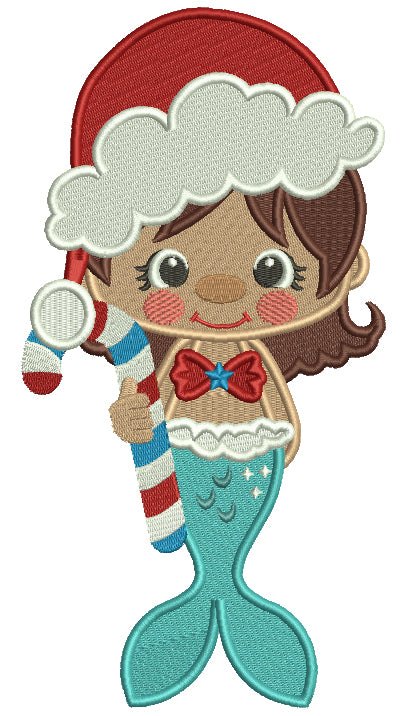 Mermaid Wearing Santa Hat Holding Candy Cane Filled Christmas Machine Embroidery Design Digitized Pattern