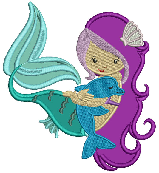 Mermaid With a Cute Dolphin Applique Machine Embroidery Design Digitized Pattern