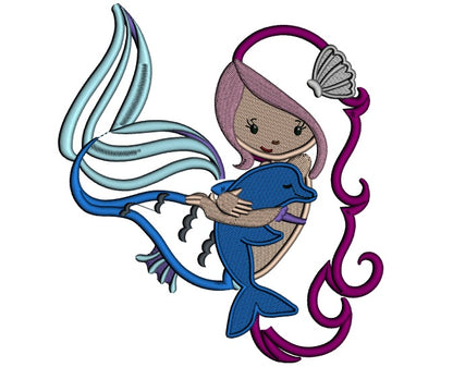Mermaid With a Cute Dolphin Applique Machine Embroidery Design Digitized Pattern