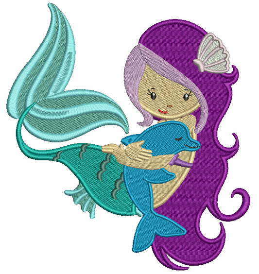 Mermaid With a Cute Dolphin Filled Machine Embroidery Design Digitized Pattern