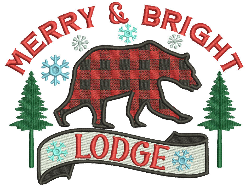 Merry And Bright Lodge Black Bear Christmas Filled Machine Embroidery Design Digitized Pattern