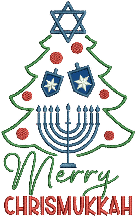 Merry Chrismukkah Christmas Tree And Menorah Applique Machine Embroidery Design Digitized Pattern