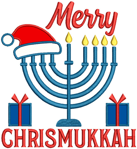 Merry Chrismukkah Menorah And Santa's Hat Applique Machine Embroidery Design Digitized Pattern