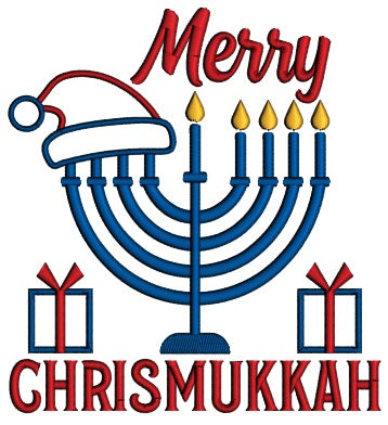 Merry Chrismukkah Menorah And Santa's Hat Applique Machine Embroidery Design Digitized Pattern