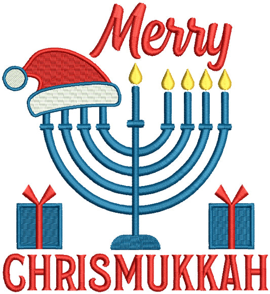Merry Chrismukkah Menorah And Santa's Hat Filled Machine Embroidery Design Digitized Pattern