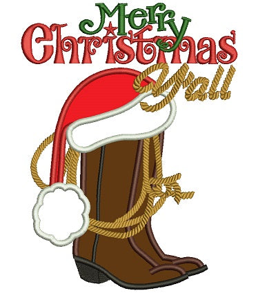 Merry Christmas Yall Boot Applique Machine Embroidery Digitized Design Pattern