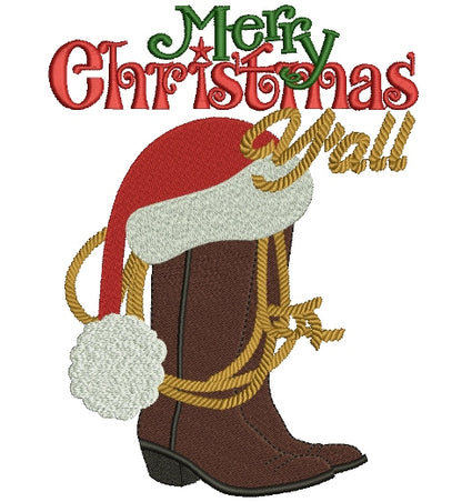 Merry Christmas Yall Boot Filled Machine Embroidery Digitized Design Pattern