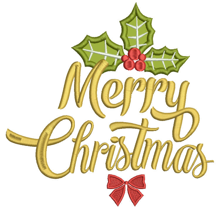 Merry Christmas Green Leaves Applique Machine Embroidery Digitized Design Pattern
