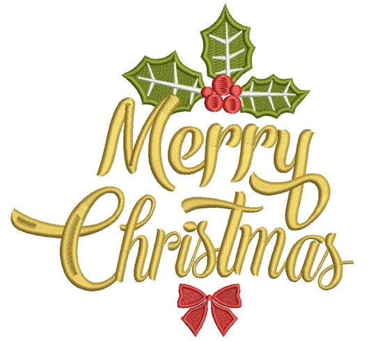 Merry Christmas Green Leaves Filled Machine Embroidery Digitized Design Pattern