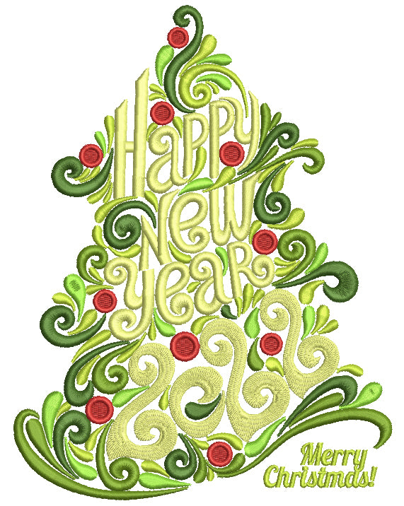 Merry Christmas Happy New Year 2022 Tree Filled Machine Embroidery Design Digitized Pattern