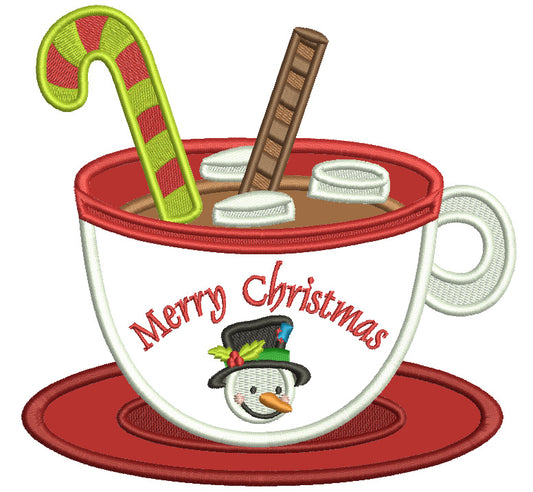 Merry Christmas Hot Cocoa Cup With Snowman Applique Machine Embroidery Design Digitized Pattern