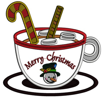 Merry Christmas Hot Cocoa Cup With Snowman Applique Machine Embroidery Design Digitized Pattern