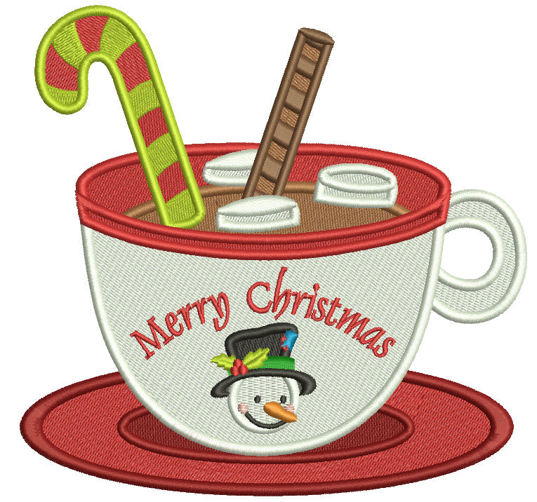 Merry Christmas Hot Cocoa Cup With Snowman Filled Machine Embroidery Design Digitized Pattern