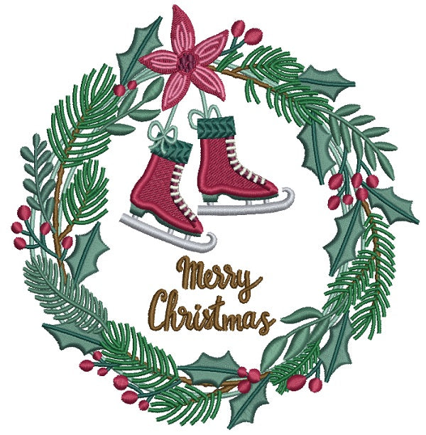 Merry Christmas Ice Skates Wreath Filled Machine Embroidery Design Digitized Pattern