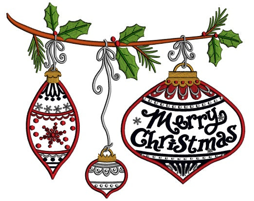 Merry Christmas Three Beautiful Ornaments Applique Machine Embroidery Design Digitized Pattern