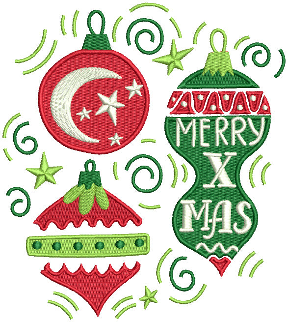 Merry X Mas Moon And Stars Christmas Ornaments Filled Machine Embroidery Design Digitized Pattern