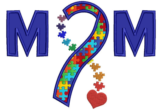 Mom Autism Awareness Ribbon with heart Applique Machine Embroidery Digitized Design Pattern