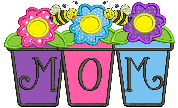 Mom Flower Pot Monogram Applique Machine Embroidery Digitized Design Pattern
