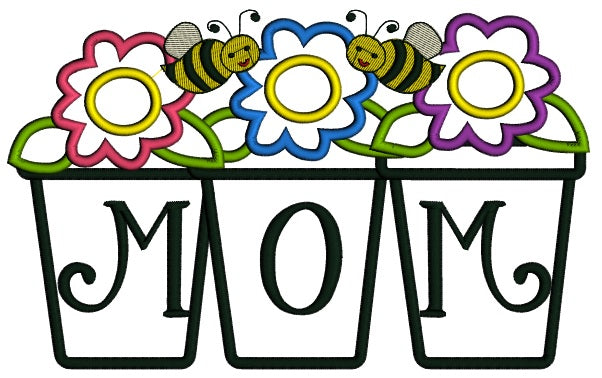Mom Flower Pot Monogram Applique Machine Embroidery Digitized Design Pattern
