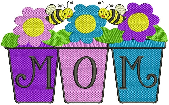 Mom Flower Pot Monogram Filled Machine Embroidery Digitized Design Pattern
