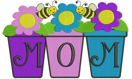 Mom Flower Pot with Flowers and Bees Filled Machine Embroidery Digitized Design Pattern