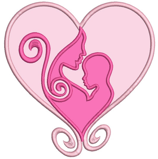 Mommy And A Child Love Heart Applique Machine Embroidery Design Digitized Pattern