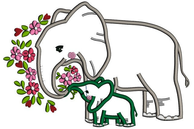Mommy And Baby Elephant With Flowers Applique Machine Embroidery Design Digitized Pattern