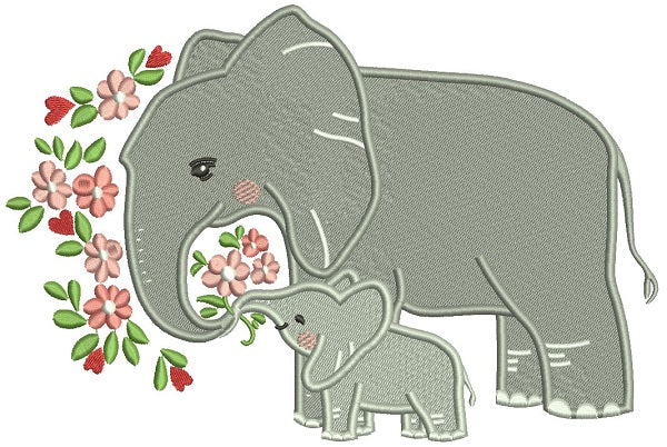 Mommy And Baby Elephant With Flowers Filled Machine Embroidery Design Digitized Pattern